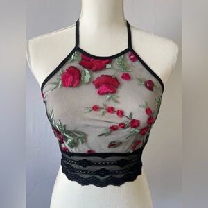 Hold Your Colour Mesh Halter Crop Top with Floral Lace Appliqué